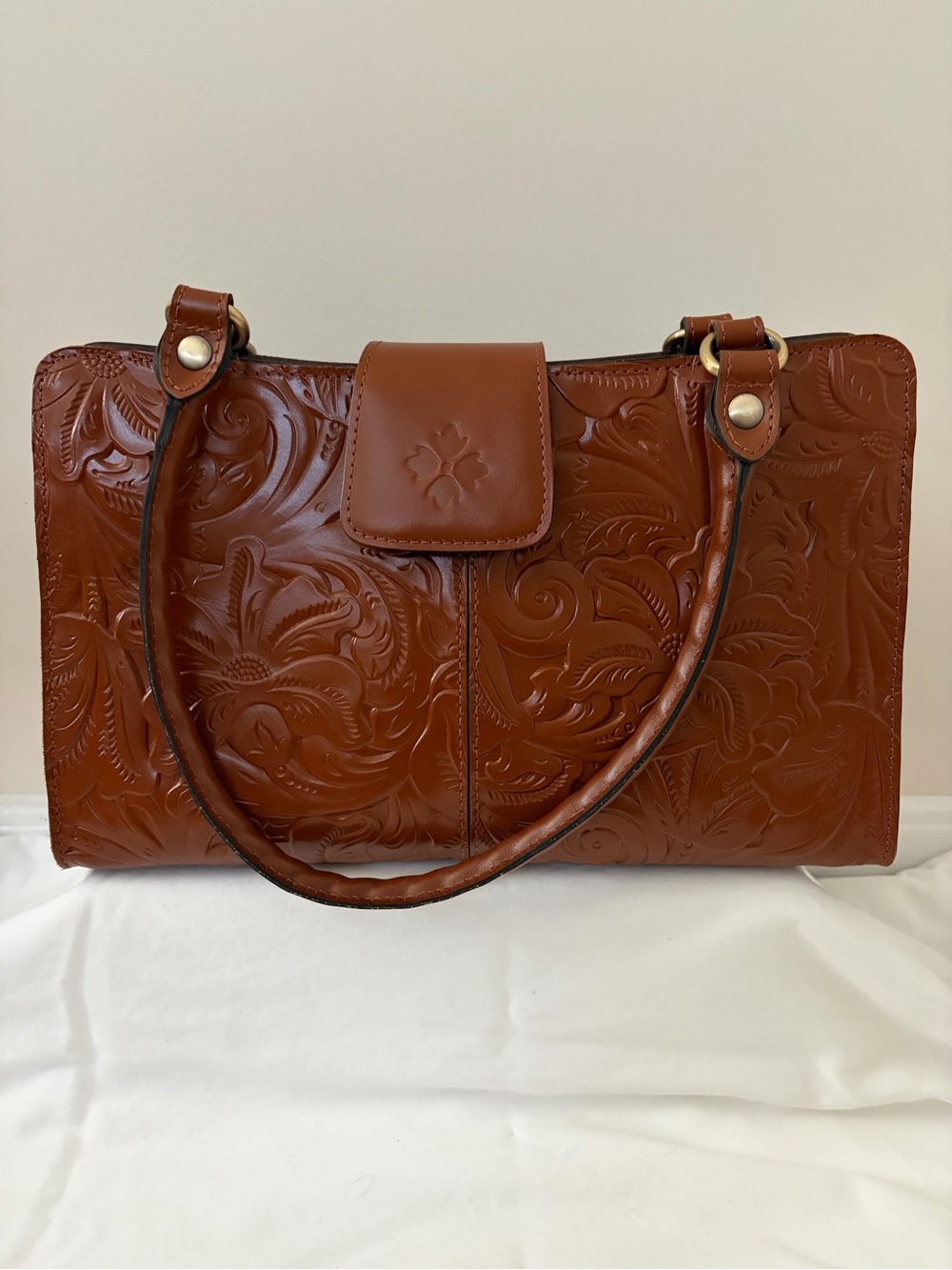 Patricia Nash Embossed Floral Leather Shoulder Bag - Cognac Brown